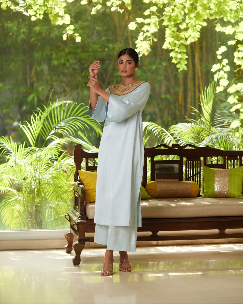 Blue Satin Silk Kurta Pant Set by Mayura Kumar with Blue, Casual Wear, Festive Wear, Kurta Pant Sets, Mayura Kumar, Regular Fit, Satin, Silk, Solids, Timeless Elegance, Womenswear at Kamakhyaa for sustainable fashion