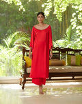 Red Satin Silk Kurta Pant Set by Mayura Kumar with Casual Wear, Festive Wear, Kurta Pant Sets, Mayura Kumar, Red, Regular Fit, Satin, Silk, Solids, Timeless Elegance, Womenswear at Kamakhyaa for sustainable fashion