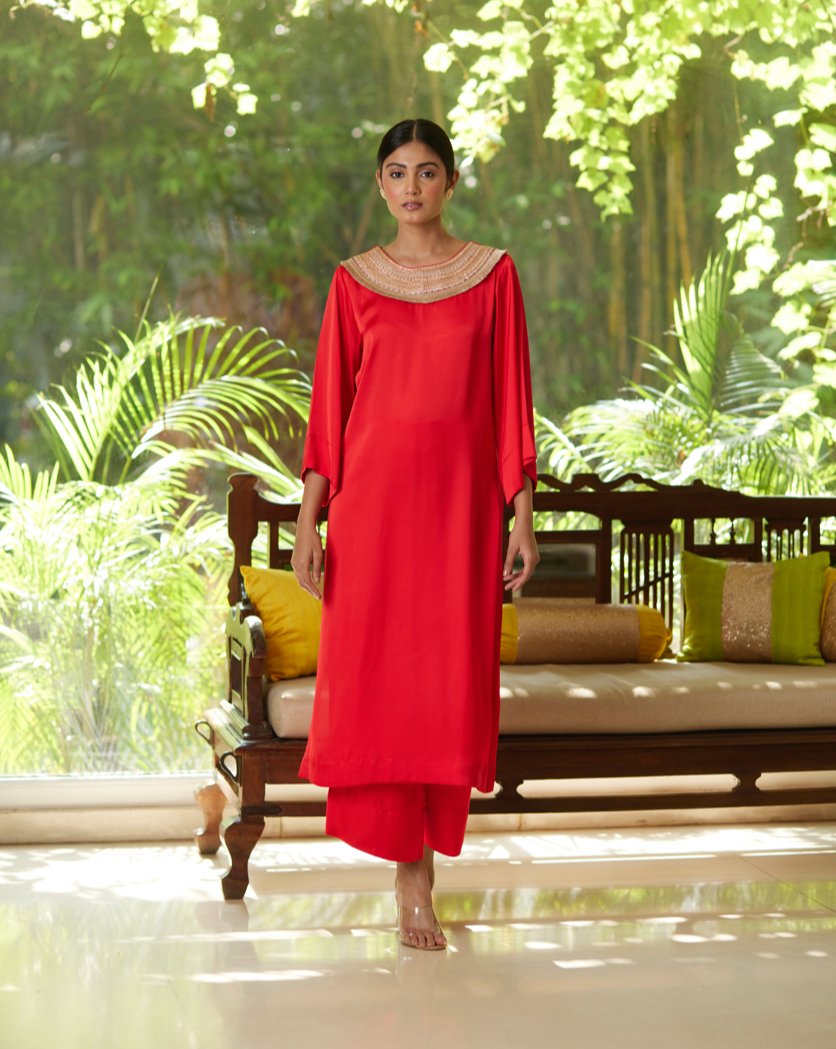 Red Satin Silk Kurta Pant Set by Mayura Kumar with Casual Wear, Festive Wear, Kurta Pant Sets, Mayura Kumar, Red, Regular Fit, Satin, Silk, Solids, Timeless Elegance, Womenswear at Kamakhyaa for sustainable fashion