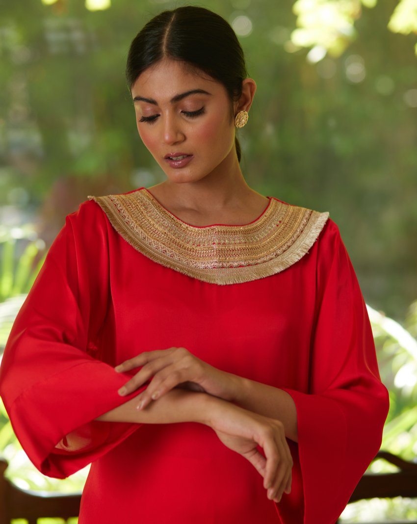 Red Satin Silk Kurta Pant Set by Mayura Kumar with Casual Wear, Festive Wear, Kurta Pant Sets, Mayura Kumar, Red, Regular Fit, Satin, Silk, Solids, Timeless Elegance, Womenswear at Kamakhyaa for sustainable fashion