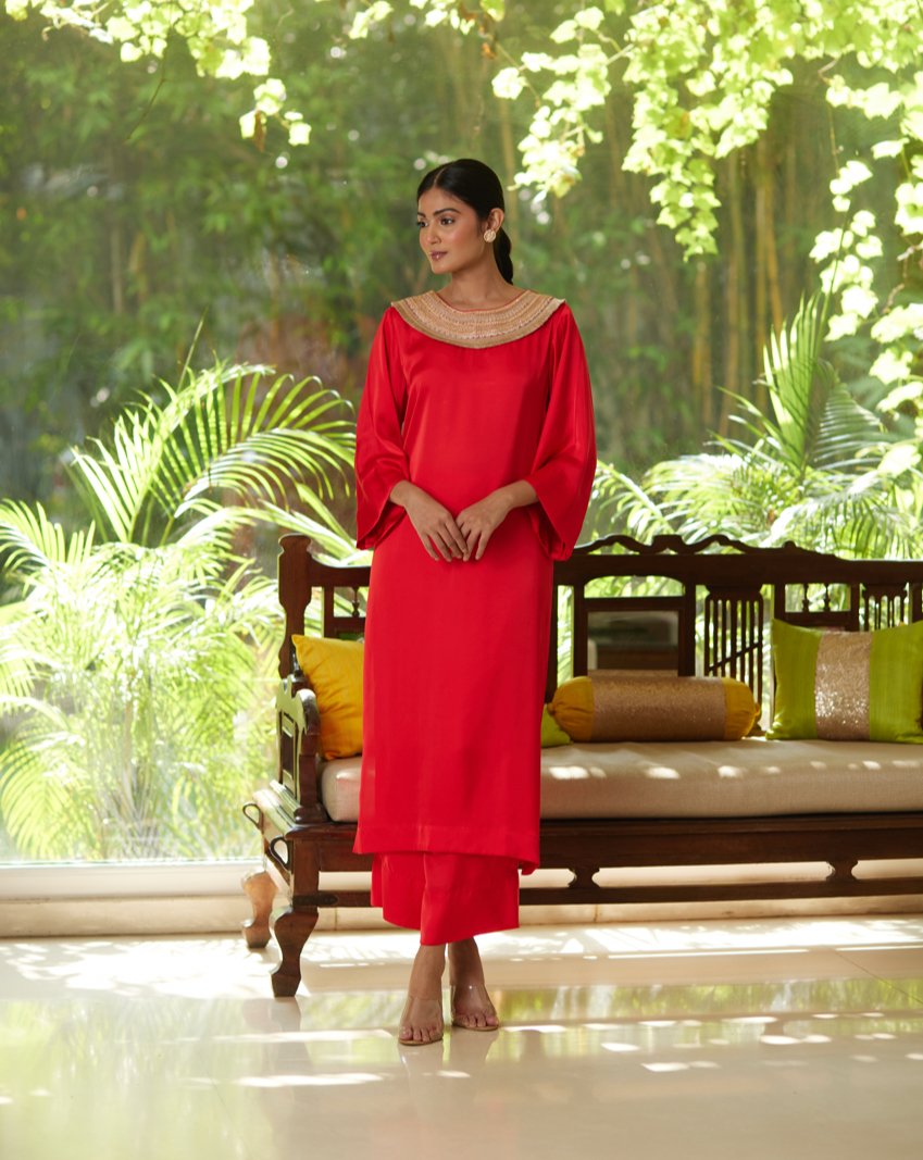 Red Satin Silk Kurta Pant Set by Mayura Kumar with Casual Wear, Festive Wear, Kurta Pant Sets, Mayura Kumar, Red, Regular Fit, Satin, Silk, Solids, Timeless Elegance, Womenswear at Kamakhyaa for sustainable fashion