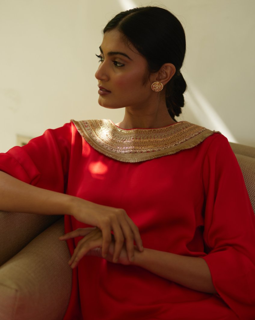 Red Satin Silk Kurta Pant Set by Mayura Kumar with Casual Wear, Festive Wear, Kurta Pant Sets, Mayura Kumar, Red, Regular Fit, Satin, Silk, Solids, Timeless Elegance, Womenswear at Kamakhyaa for sustainable fashion