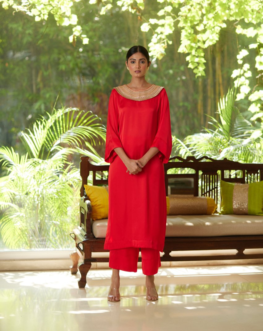 Red Satin Silk Kurta Pant Set by Mayura Kumar with Casual Wear, Festive Wear, Kurta Pant Sets, Mayura Kumar, Red, Regular Fit, Satin, Silk, Solids, Timeless Elegance, Womenswear at Kamakhyaa for sustainable fashion