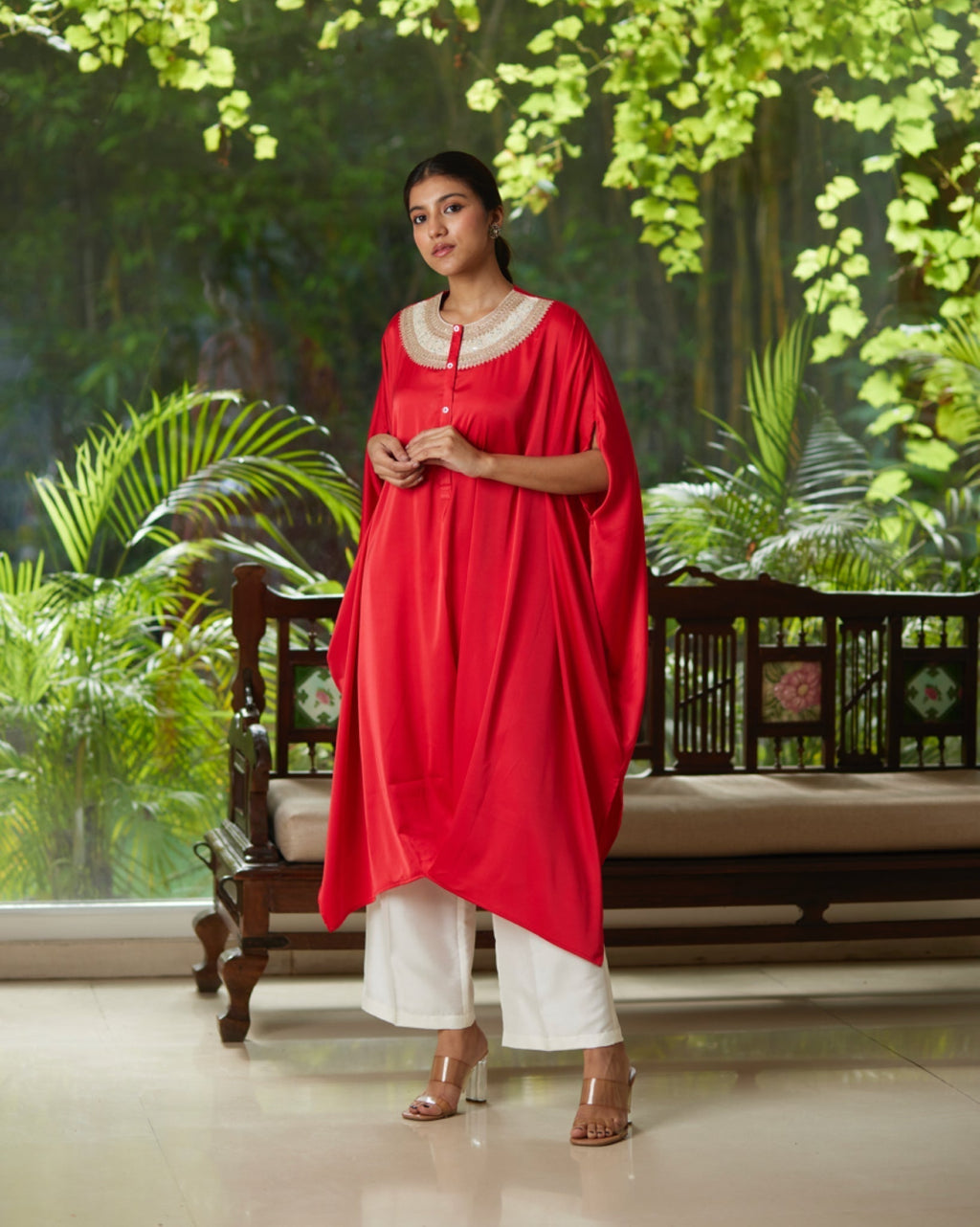 Red Satin Silk Kurta Set by Mayura Kumar with Ajrakh Heritage, Casual Wear, Dresses, Festive Wear, Kaftans, Mayura Kumar, Modal Silk, Relaxed Fit, Solids, Womenswear at Kamakhyaa for sustainable fashion