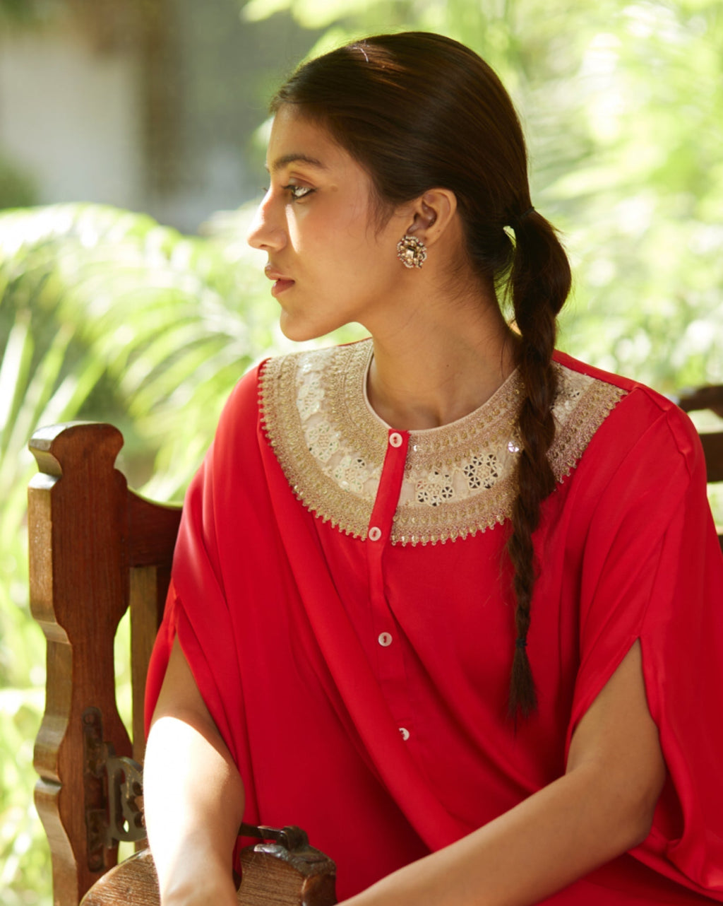 Red Satin Silk Kurta Set by Mayura Kumar with Ajrakh Heritage, Casual Wear, Dresses, Festive Wear, Kaftans, Mayura Kumar, Modal Silk, Relaxed Fit, Solids, Womenswear at Kamakhyaa for sustainable fashion