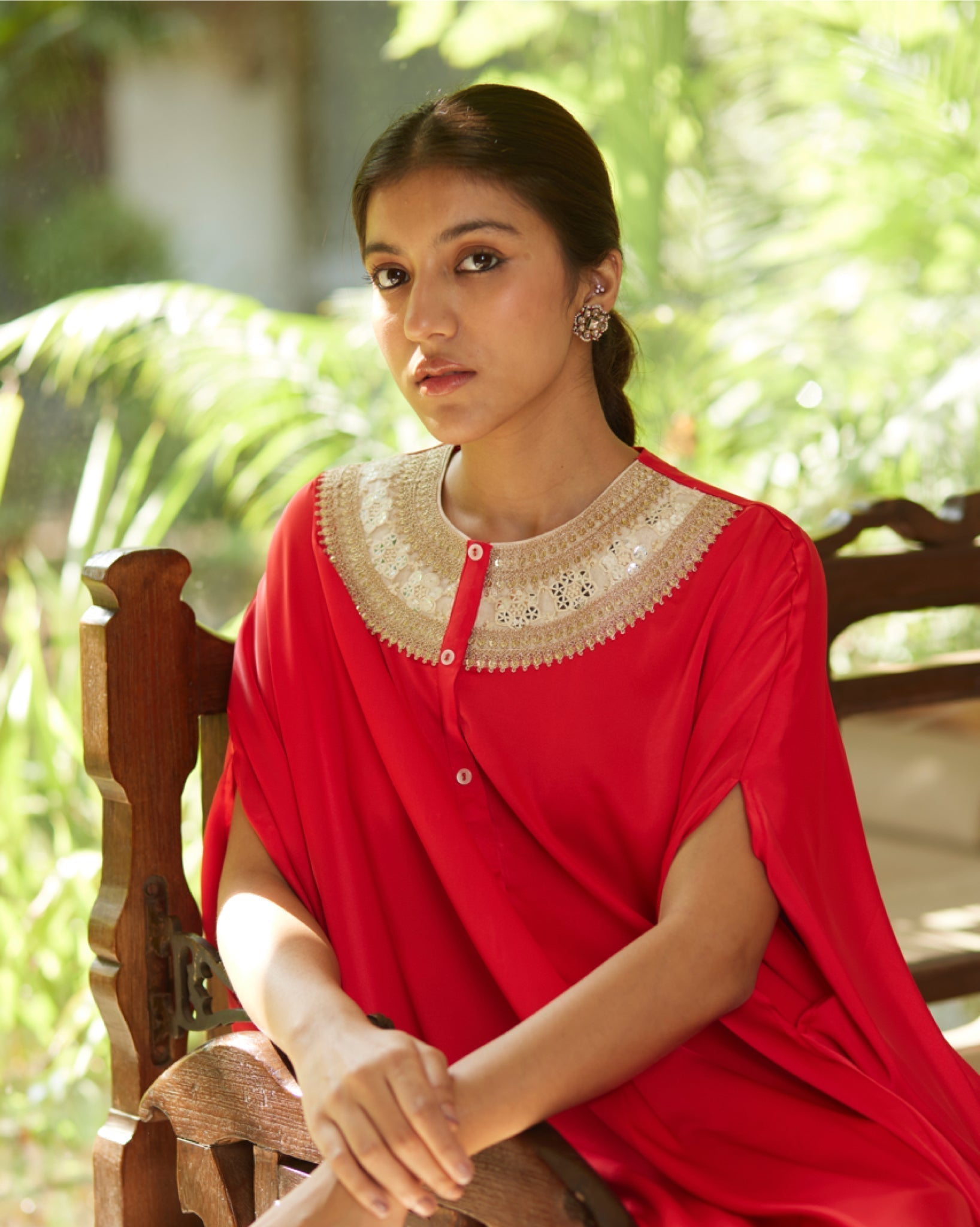 Red Satin Silk Kurta Set by Mayura Kumar with Ajrakh Heritage, Casual Wear, Dresses, Festive Wear, Kaftans, Mayura Kumar, Modal Silk, Relaxed Fit, Solids, Womenswear at Kamakhyaa for sustainable fashion