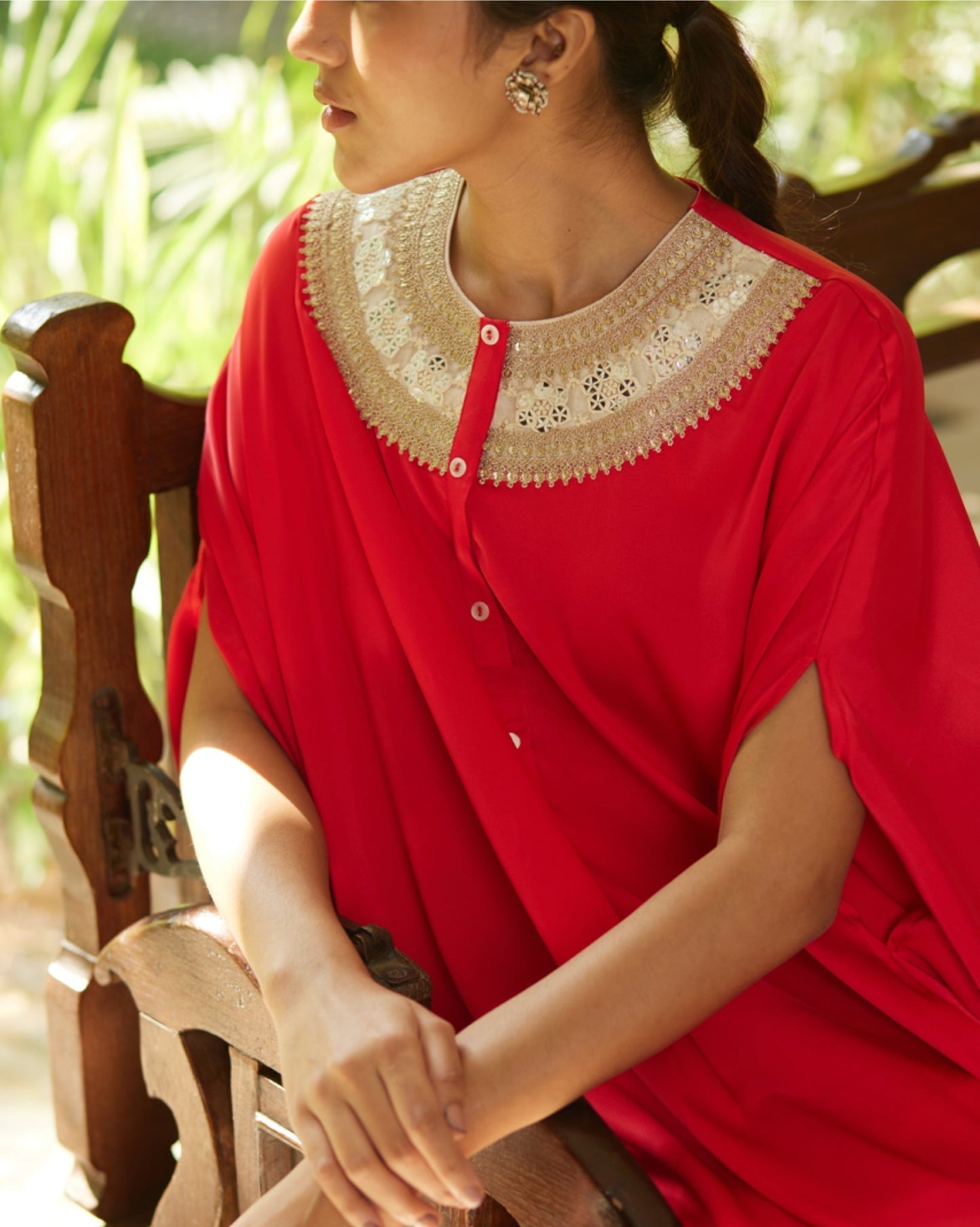 Red Satin Silk Kurta Set by Mayura Kumar with Ajrakh Heritage, Casual Wear, Dresses, Festive Wear, Kaftans, Mayura Kumar, Modal Silk, Relaxed Fit, Solids, Womenswear at Kamakhyaa for sustainable fashion