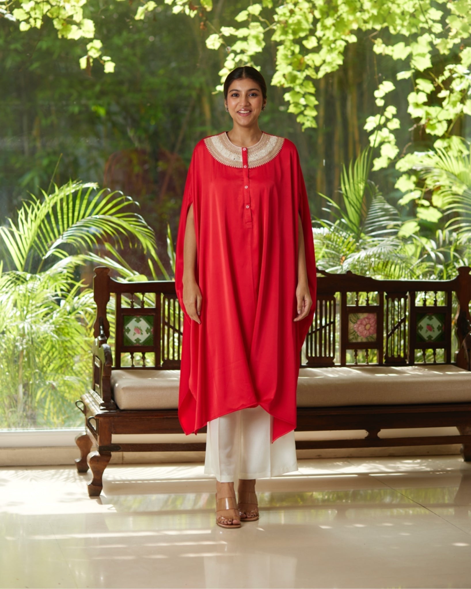 Red Satin Silk Kurta Set by Mayura Kumar with Ajrakh Heritage, Casual Wear, Dresses, Festive Wear, Kaftans, Mayura Kumar, Modal Silk, Relaxed Fit, Solids, Womenswear at Kamakhyaa for sustainable fashion