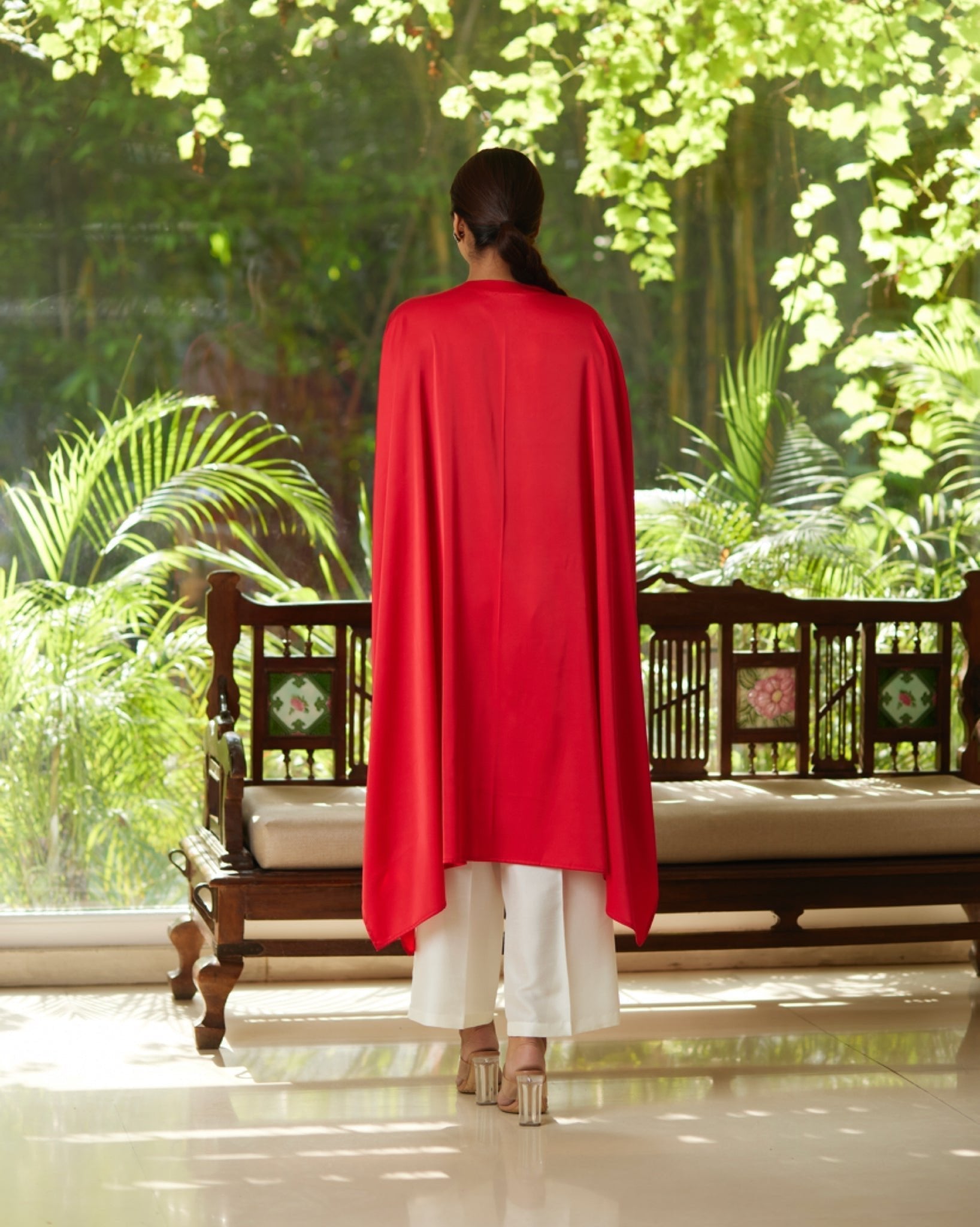 Red Satin Silk Kurta Set by Mayura Kumar with Ajrakh Heritage, Casual Wear, Dresses, Festive Wear, Kaftans, Mayura Kumar, Modal Silk, Relaxed Fit, Solids, Womenswear at Kamakhyaa for sustainable fashion
