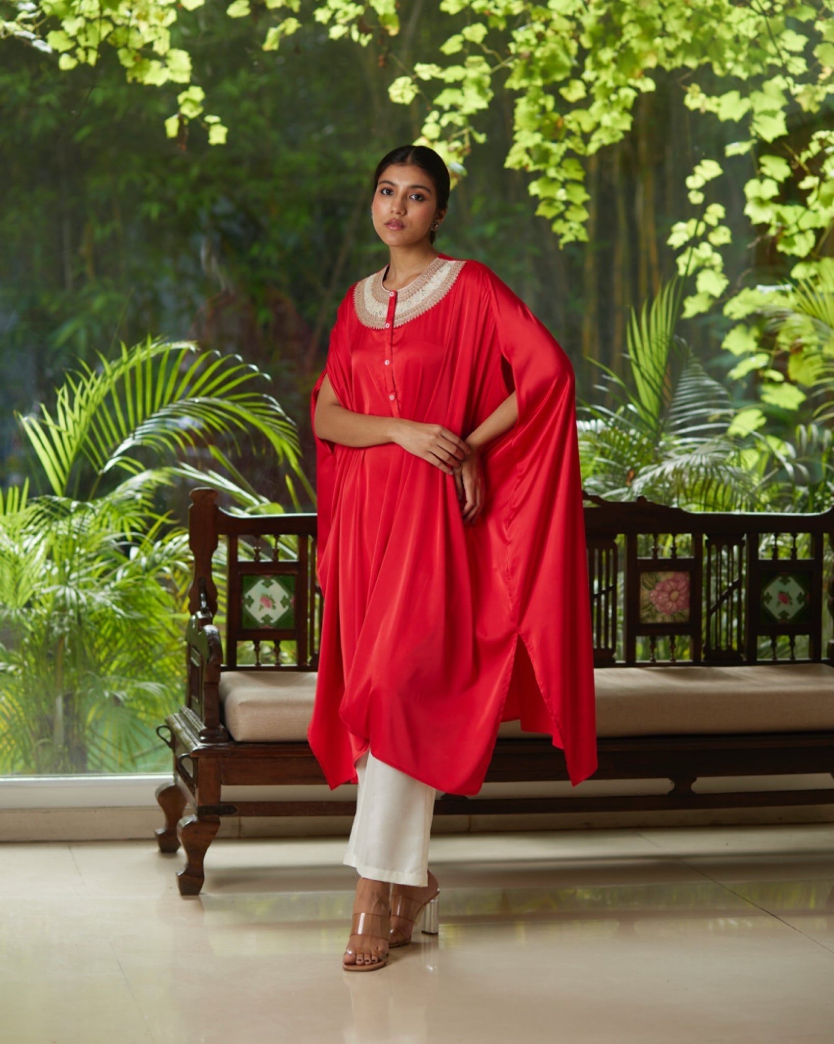 Red Satin Silk Kurta Set by Mayura Kumar with Ajrakh Heritage, Casual Wear, Dresses, Festive Wear, Kaftans, Mayura Kumar, Modal Silk, Relaxed Fit, Solids, Womenswear at Kamakhyaa for sustainable fashion
