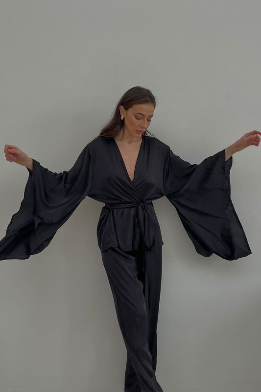 Luna Kimono & Pants silky 2-pieces pajama set by Angie's Showroom with lingerie, Womenswear at Kamakhyaa for sustainable fashion