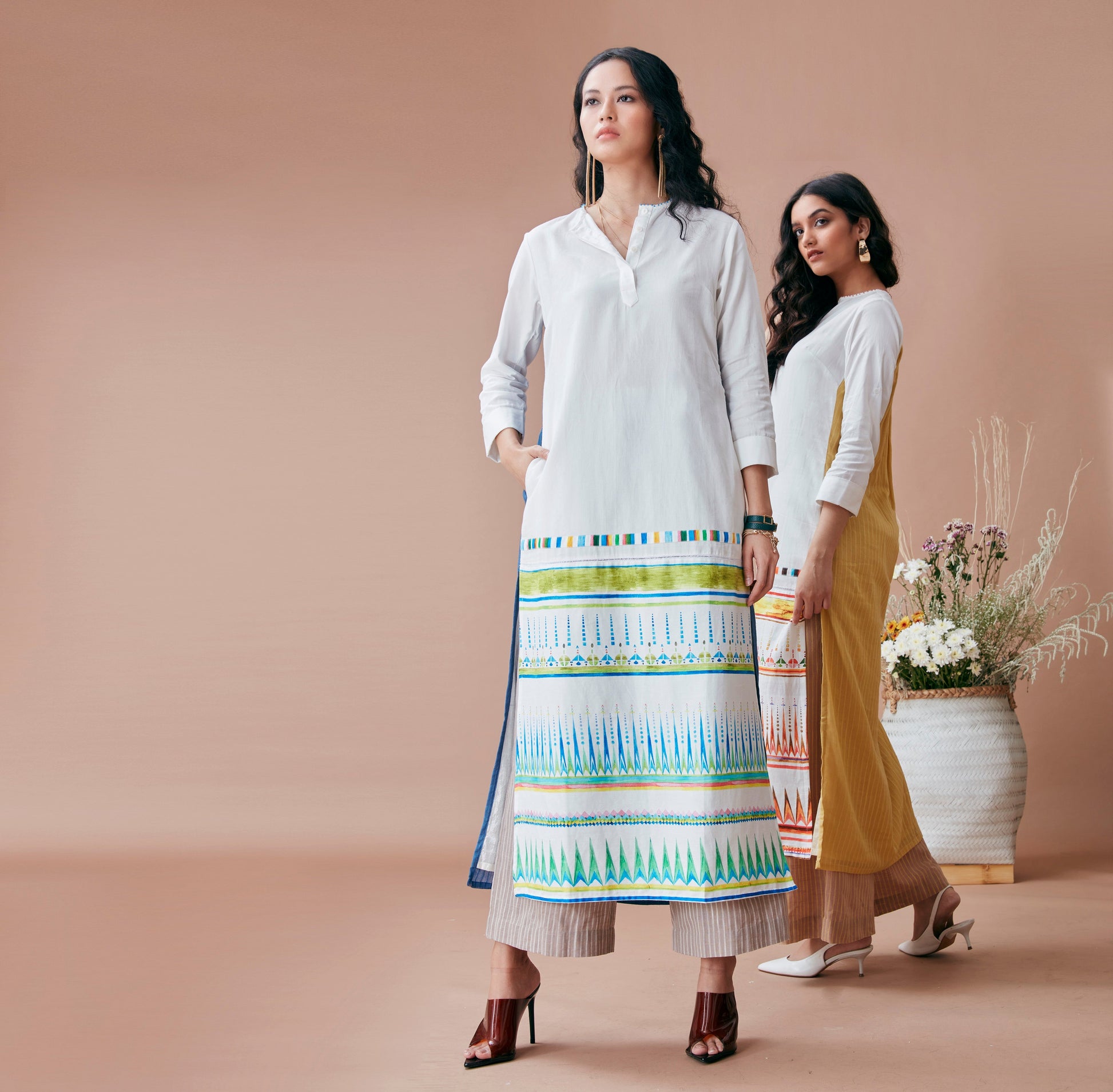 White Printed Kurta by Dan Ba with Cotton, Indian Wear, July Sale, July Sale 2023, Kurtas, Natural, Prints, Relaxed Fit, Resort Wear, White, Womenswear, Yellow at Kamakhyaa for sustainable fashion