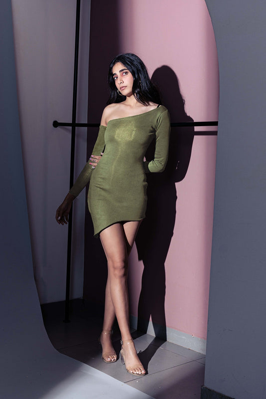 Olive Green Mini Dress by Meko Studio with Deadstock Fabrics, Evening Wear, For Birthday, For Her, July Sale, July Sale 2023, Mini Dresses, Olive Green, One Shoulder Dresses, Reroot AW-21/22, Reroot by Meko Studio, Slim Fit, Solid Selfmade, Solids, Womenswear at Kamakhyaa for sustainable fashion