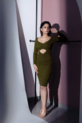Olive Green Mini Dress by Meko Studio with Cut Out Dresses, Deadstock Fabrics, Evening Wear, For Birthday, July Sale, July Sale 2023, Mini Dresses, Olive Green, Reroot AW-21/22, Reroot by Meko Studio, Slim Fit, Solids, Womenswear at Kamakhyaa for sustainable fashion