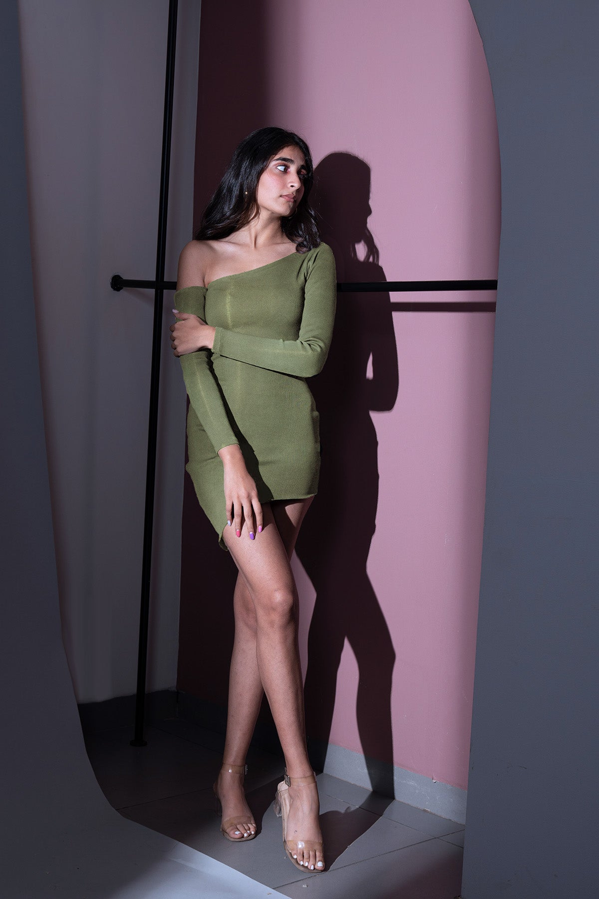 Olive Green Mini Dress by Meko Studio with Deadstock Fabrics, Evening Wear, For Birthday, For Her, July Sale, July Sale 2023, Mini Dresses, Olive Green, One Shoulder Dresses, Reroot AW-21/22, Reroot by Meko Studio, Slim Fit, Solid Selfmade, Solids, Womenswear at Kamakhyaa for sustainable fashion