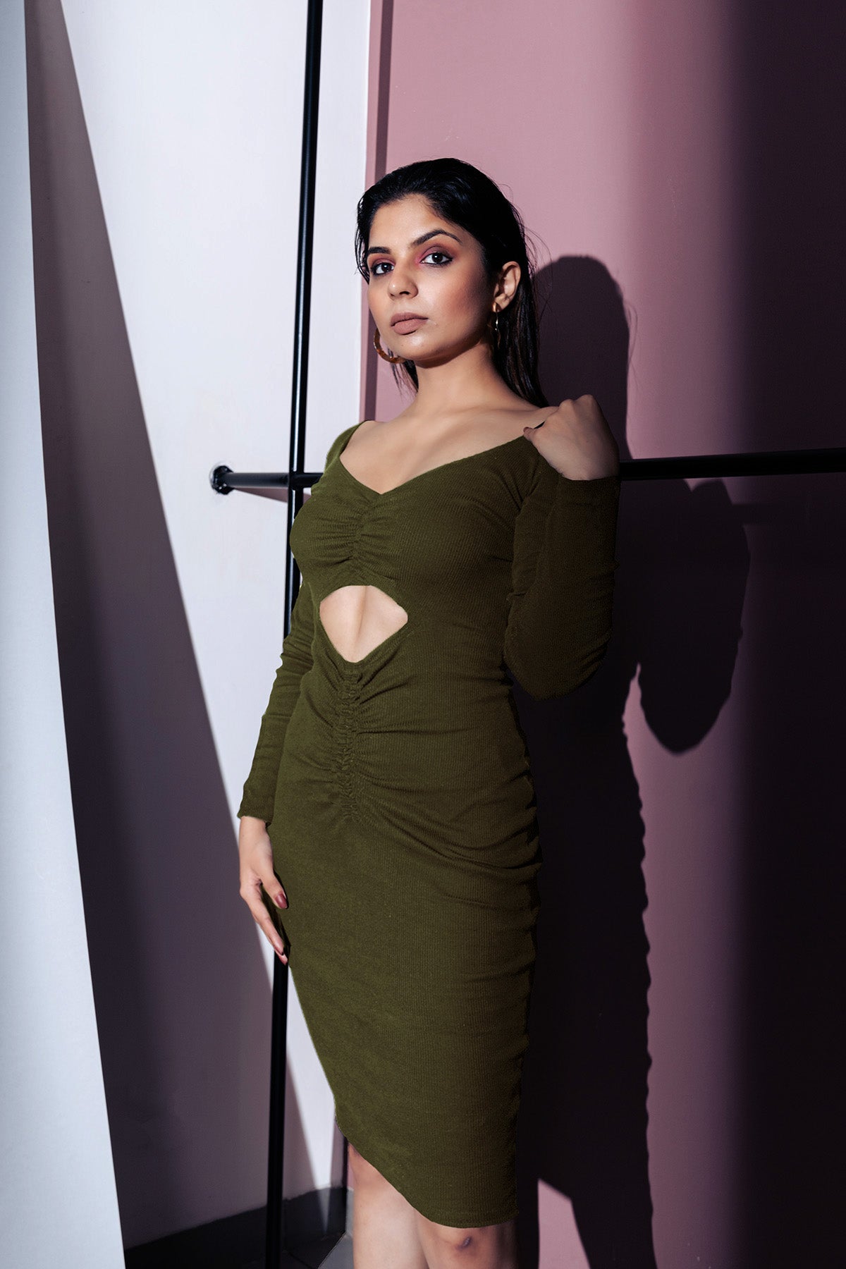 Olive Green Mini Dress by Meko Studio with Cut Out Dresses, Deadstock Fabrics, Evening Wear, For Birthday, July Sale, July Sale 2023, Mini Dresses, Olive Green, Reroot AW-21/22, Reroot by Meko Studio, Slim Fit, Solids, Womenswear at Kamakhyaa for sustainable fashion