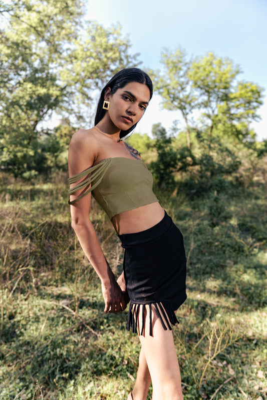 Olive Green Crop Top by Meko Studio with Cotton, Crop Tops, Deadstock Fabrics, Evening Wear, July Sale, July Sale 2023, Lycra, Off-shoulder Tops, Olive Green, Slim Fit, Solids, Verao by Meko Studio, Verao SS-22/23, Womenswear at Kamakhyaa for sustainable fashion