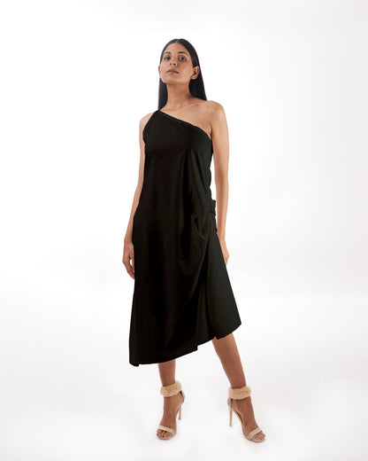 Black One Shoulder Dress by Kamakhyaa with 100% pure cotton, Black, FB ADS JUNE, Fitted At Waist, KKYSS, Naturally Made, One Shoulder Dresses, Party Wear, Regular Fit, Solids, Summer Sutra, Womenswear at Kamakhyaa for sustainable fashion