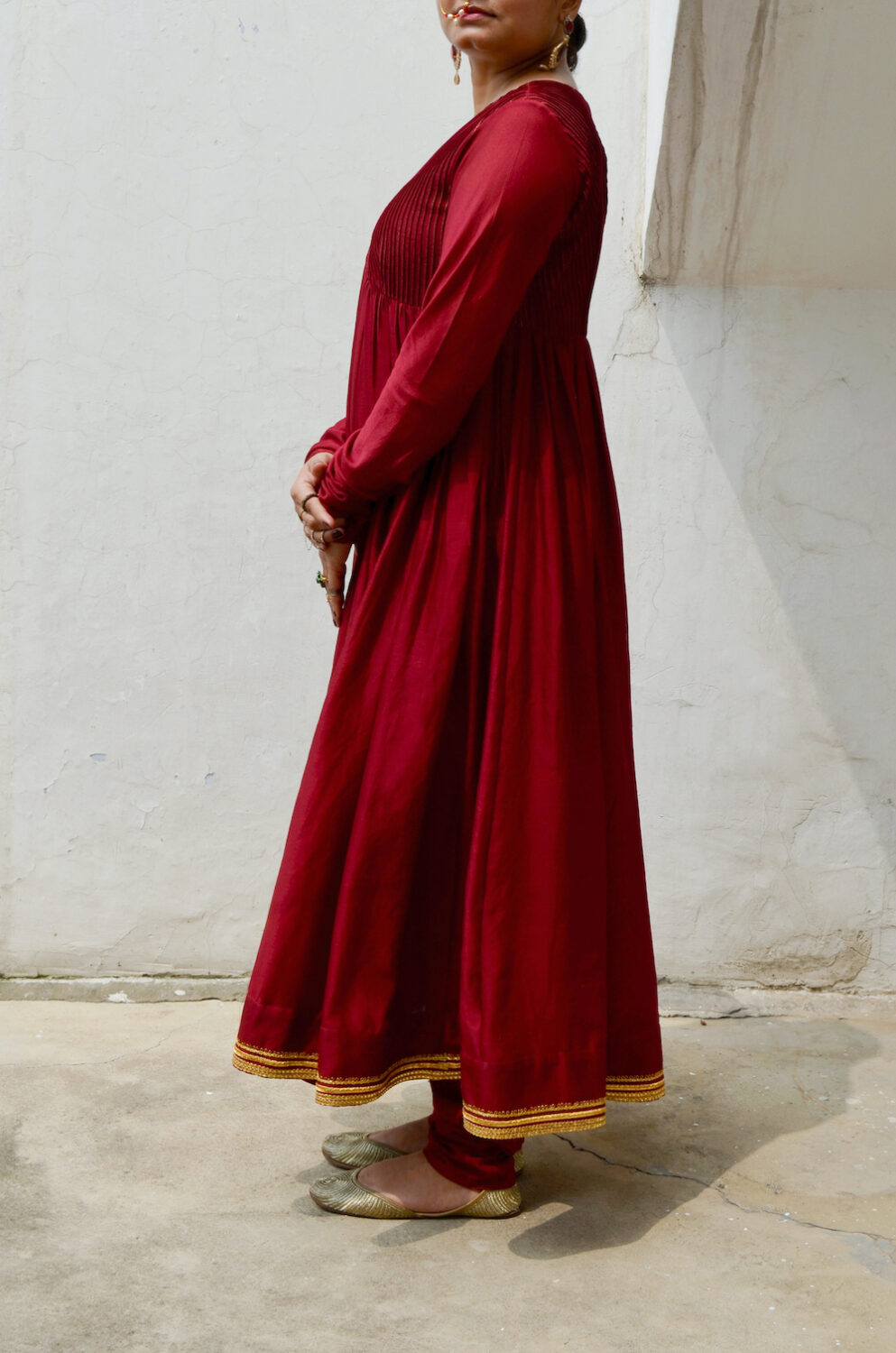 Red Chanderi Anakali with Dupatta by Ahmev with Chanderi Silk, Co-ord Sets, Cotton, Embellished, Evening Wear, Festive Wear, Kurta Set with Dupattas, Party Wear, Red, Regular Fit, Rumi, Rumi by Ahmev, Solids, Womenswear at Kamakhyaa for sustainable fashion