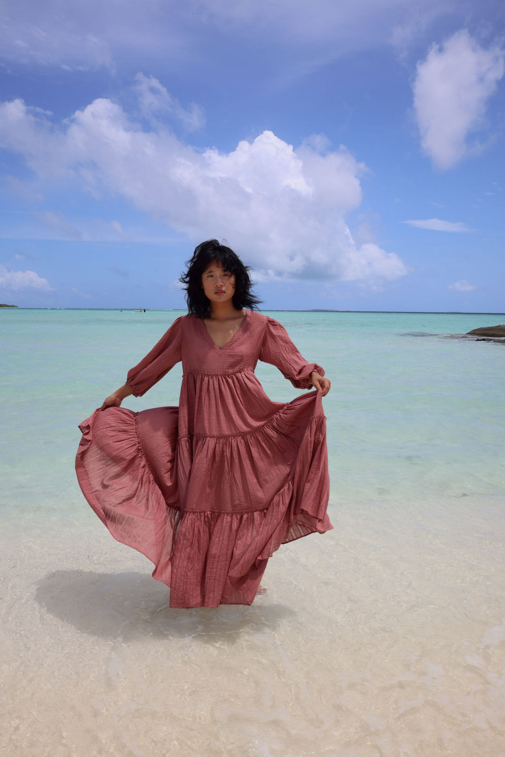 Recycled Cotton Pink Maxi Tiered Dress by Raas with Azo Free Dyes, Cotton, Layla, Maxi Dresses, Pink, Recycled, Relaxed Fit, Resort Wear, Solids, Tiered Dresses, Womenswear at Kamakhyaa for sustainable fashion