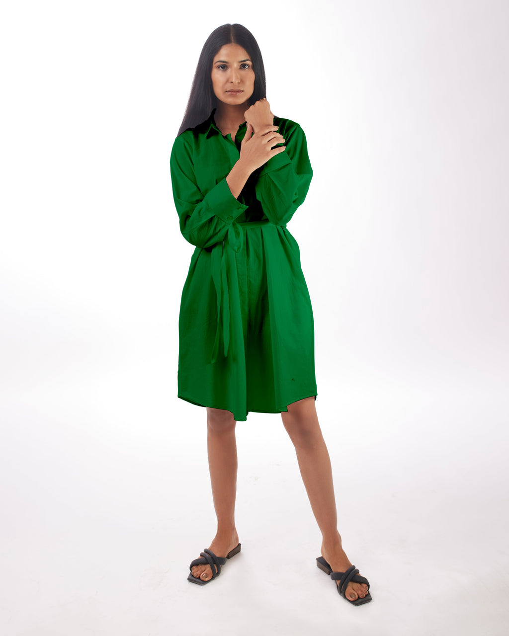 Green Shirt Dress Mini Full Sleeves by Kamakhyaa with Casual Wear, Green, KKYSS, Natural, Relaxed Fit, Shirt Dresses, Solids, Summer Sutra, Womenswear at Kamakhyaa for sustainable fashion