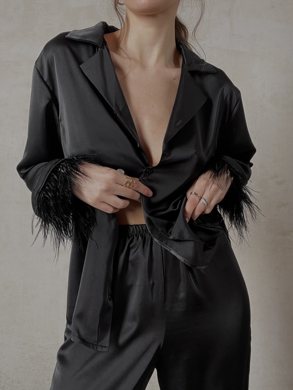 Silky Pajama Suit with Feathers in Black by Angie's Showroom with lingerie, Womenswear at Kamakhyaa for sustainable fashion