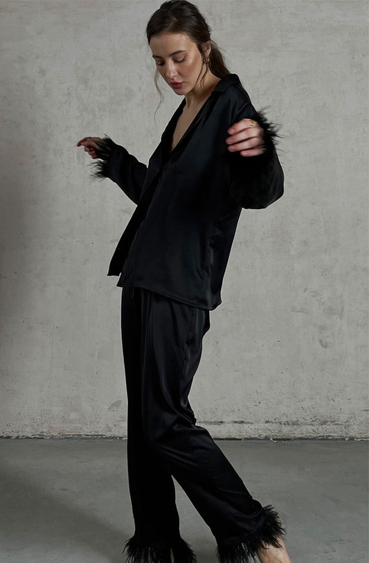 Silky Pajama Suit with Feathers in Black by Angie's Showroom with lingerie, Womenswear at Kamakhyaa for sustainable fashion