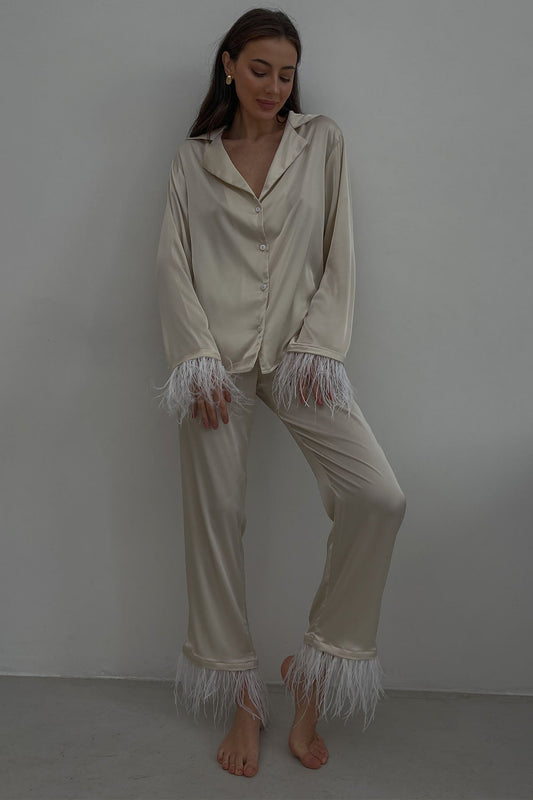 Silky Pajama Suit with Feathers in Ivory by Angie's Showroom with lingerie, Womenswear at Kamakhyaa for sustainable fashion