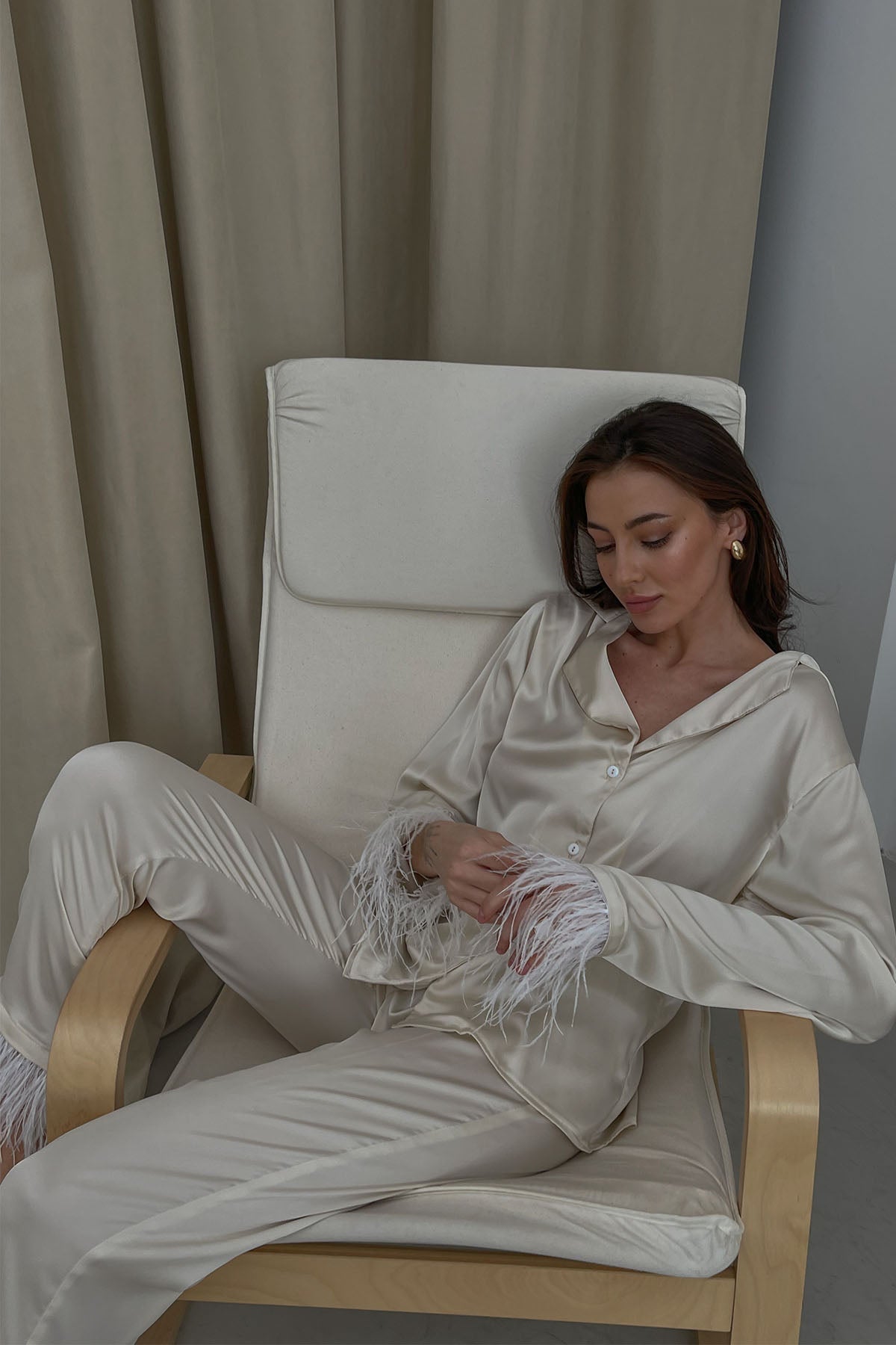 Silky Pajama Suit with Feathers in Ivory by Angie's Showroom with lingerie, Womenswear at Kamakhyaa for sustainable fashion