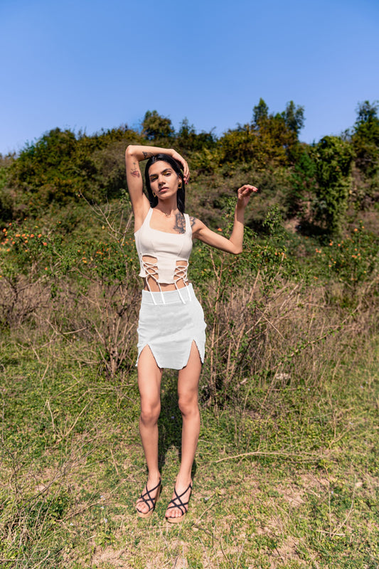 White Skirt by Meko Studio with Cotton, Deadstock Fabrics, Evening Wear, For Siblings, July Sale, July Sale 2023, Lycra, Mini Skirts, Skirts, Slim Fit, Solids, Verao by Meko Studio, Verao SS-22/23, White, Womenswear at Kamakhyaa for sustainable fashion