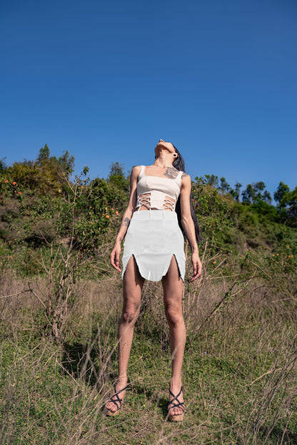 White Skirt by Meko Studio with Cotton, Deadstock Fabrics, Evening Wear, For Siblings, July Sale, July Sale 2023, Lycra, Mini Skirts, Skirts, Slim Fit, Solids, Verao by Meko Studio, Verao SS-22/23, White, Womenswear at Kamakhyaa for sustainable fashion