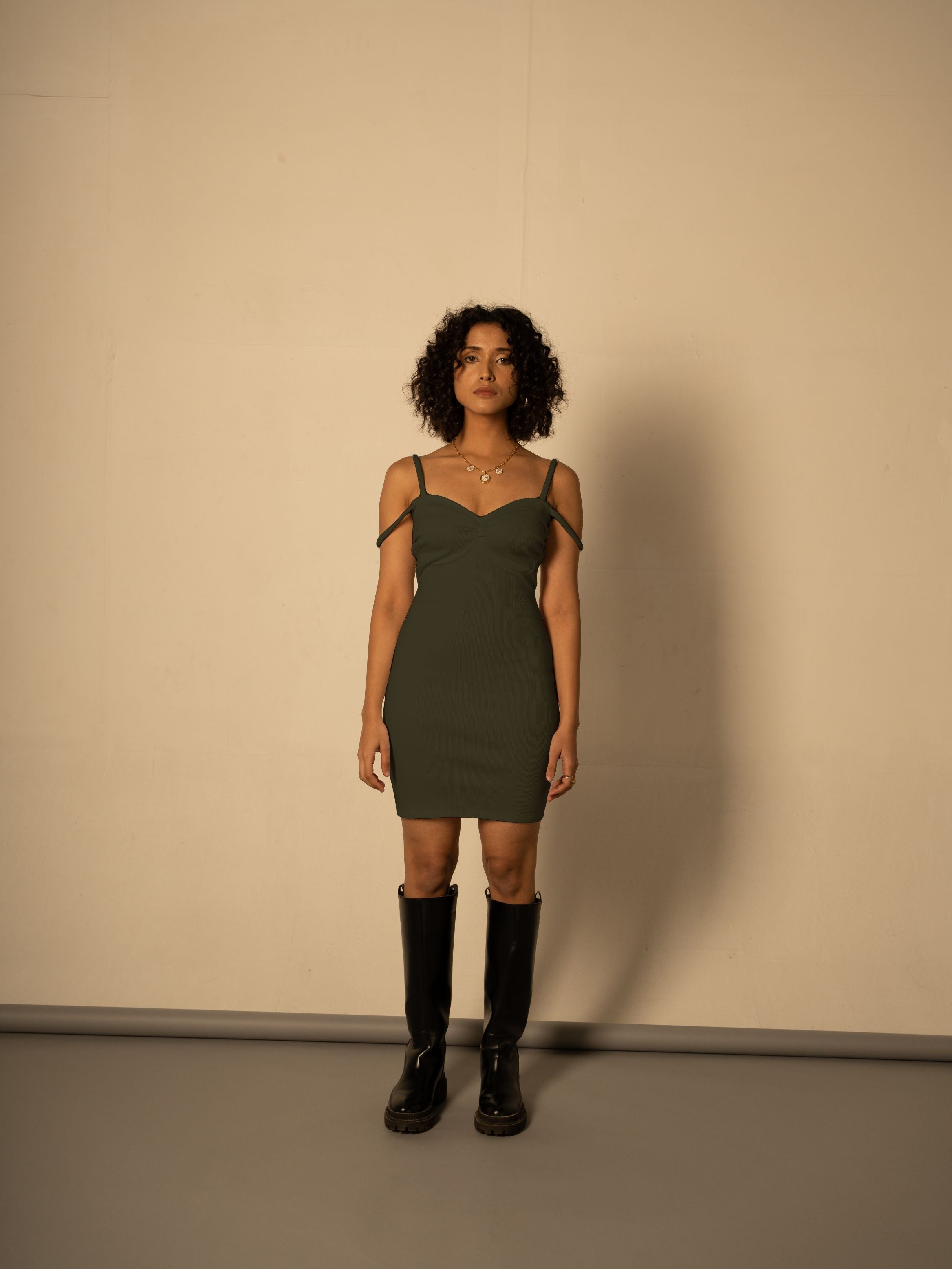 Olive Dress Cotton Mini Dress by Meko Studio with Cotton, Evening Wear, July Sale, July Sale 2023, Mini Dresses, Olive Green, Sleeveless Dresses, Slim Fit, Solids, Strap Dresses, Tranquil AW-22/23, Tranquil by Meko Studio, Womenswear at Kamakhyaa for sustainable fashion