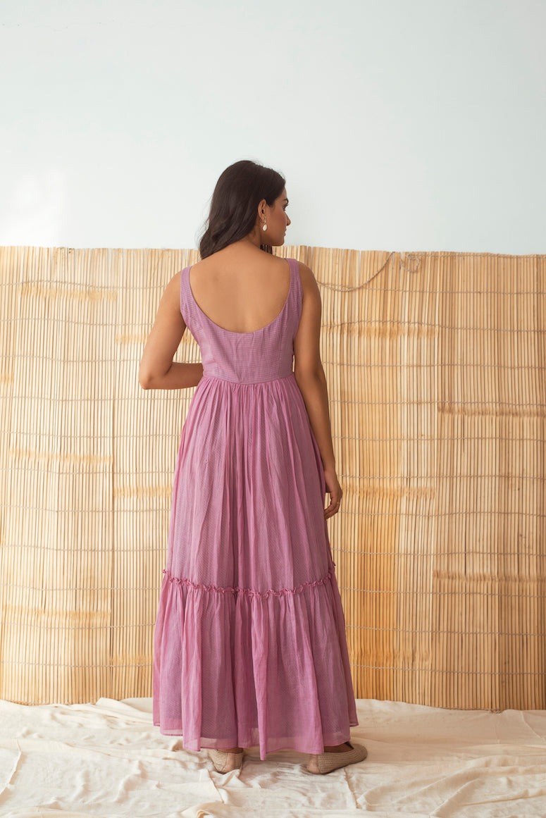 Lilies & Lavender Dress by Taro with Best Selling, Cotton, Embroidered, Evening Wear, FB ADS JUNE, July Sale, July Sale 2023, Maxi Dresses, Midi Dresses, Mulmul, Natural, Regular Fit, Rozana by Taro, Sleeveless Dresses, Solid Selfmade, Womenswear at Kamakhyaa for sustainable fashion