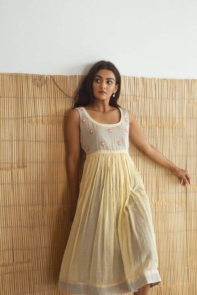 Yellow Embroidered Cotton Midi Dress by Taro with Best Selling, Cotton, Embroidered, Evening Wear, July Sale, July Sale 2023, Midi Dresses, Mulmul, Natural, Regular Fit, Rozana by Taro, Sleeveless Dresses, Womenswear, Yellow at Kamakhyaa for sustainable fashion