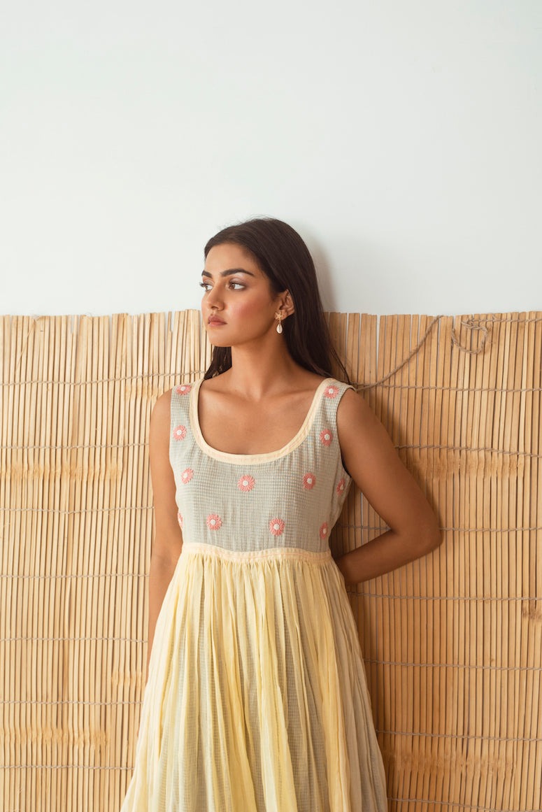 Yellow Embroidered Cotton Midi Dress by Taro with Best Selling, Cotton, Embroidered, Evening Wear, July Sale, July Sale 2023, Midi Dresses, Mulmul, Natural, Regular Fit, Rozana by Taro, Sleeveless Dresses, Womenswear, Yellow at Kamakhyaa for sustainable fashion