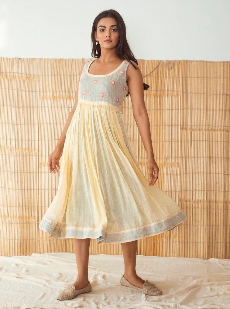 Yellow Embroidered Cotton Midi Dress by Taro with Best Selling, Cotton, Embroidered, Evening Wear, July Sale, July Sale 2023, Midi Dresses, Mulmul, Natural, Regular Fit, Rozana by Taro, Sleeveless Dresses, Womenswear, Yellow at Kamakhyaa for sustainable fashion