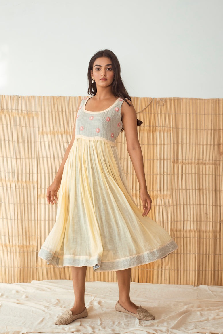 Yellow Embroidered Cotton Midi Dress by Taro with Best Selling, Cotton, Embroidered, Evening Wear, July Sale, July Sale 2023, Midi Dresses, Mulmul, Natural, Regular Fit, Rozana by Taro, Sleeveless Dresses, Womenswear, Yellow at Kamakhyaa for sustainable fashion