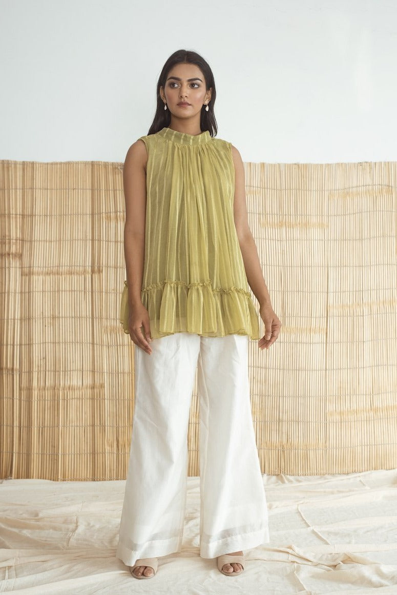 Lime Green Top by Taro with Cotton, Embroidered, Evening Wear, For Mother, For Mother W, Green, Halter Neck Tops, Handloom Blend, July Sale, July Sale 2023, Natural, Rozana by Taro, Textured, Womenswear at Kamakhyaa for sustainable fashion