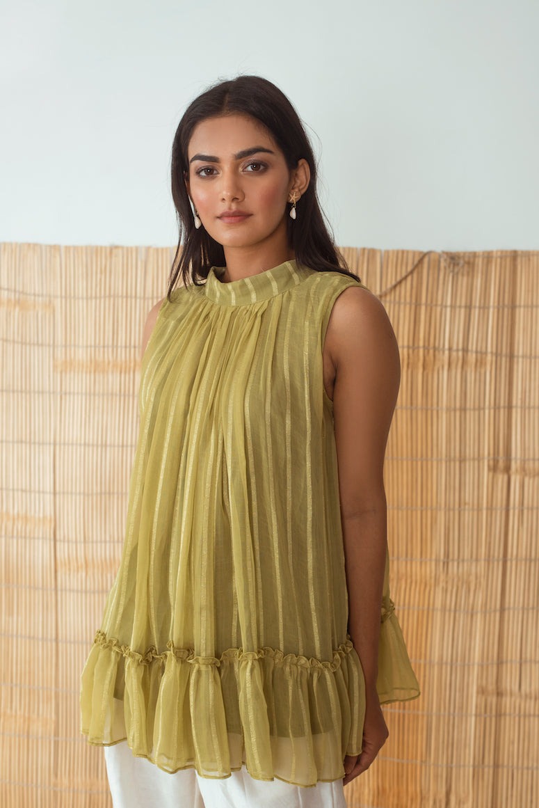 Lime Green Top by Taro with Cotton, Embroidered, Evening Wear, For Mother, For Mother W, Green, Halter Neck Tops, Handloom Blend, July Sale, July Sale 2023, Natural, Rozana by Taro, Textured, Womenswear at Kamakhyaa for sustainable fashion