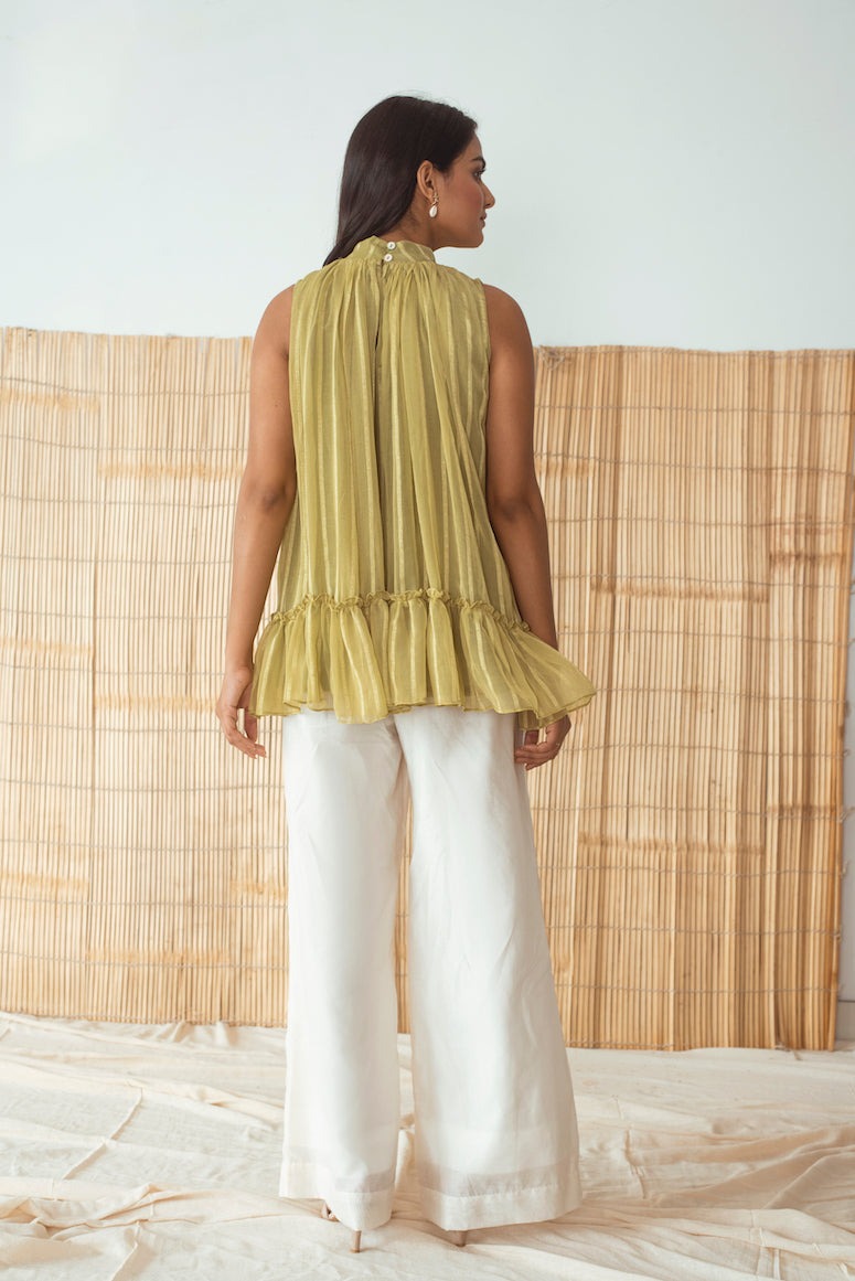 Lime Green Top by Taro with Cotton, Embroidered, Evening Wear, For Mother, For Mother W, Green, Halter Neck Tops, Handloom Blend, July Sale, July Sale 2023, Natural, Rozana by Taro, Textured, Womenswear at Kamakhyaa for sustainable fashion