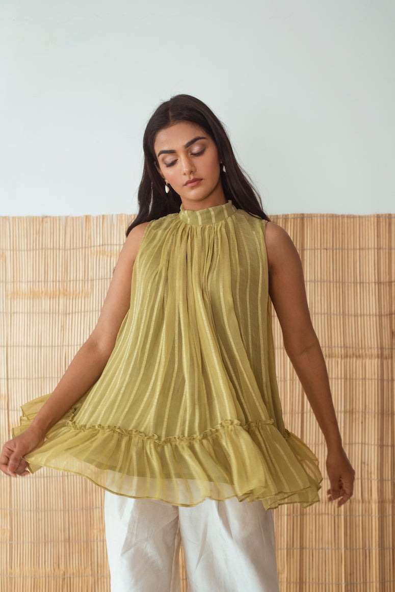 Lime Green Top by Taro with Cotton, Embroidered, Evening Wear, For Mother, For Mother W, Green, Halter Neck Tops, Handloom Blend, July Sale, July Sale 2023, Natural, Rozana by Taro, Textured, Womenswear at Kamakhyaa for sustainable fashion