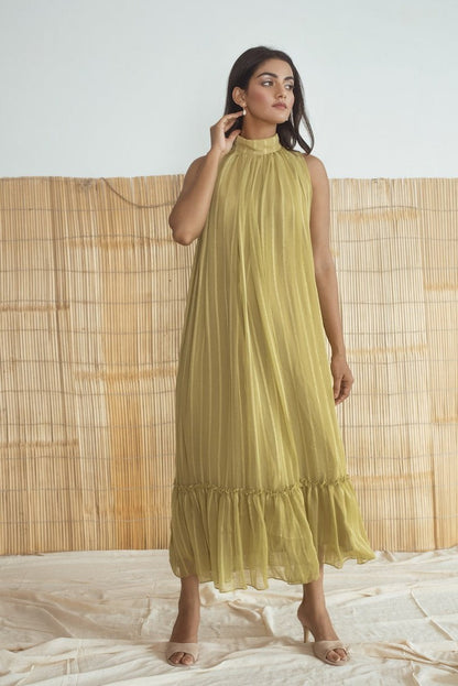 Lime Green Dress by Taro with Best Selling, Cotton, Evening Wear, FB ADS JUNE, Green, Halter Neck Dresses, Handloom Blend, Indo-Western, July Sale, July Sale 2023, Midi Dresses, Natural, Relaxed Fit, Rozana by Taro, Solid Selfmade, Textured, Womenswear at Kamakhyaa for sustainable fashion