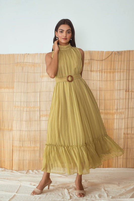 Lime Green Dress by Taro with Best Selling, Cotton, Evening Wear, FB ADS JUNE, Green, Halter Neck Dresses, Handloom Blend, Indo-Western, July Sale, July Sale 2023, Midi Dresses, Natural, Relaxed Fit, Rozana by Taro, Solid Selfmade, Textured, Womenswear at Kamakhyaa for sustainable fashion