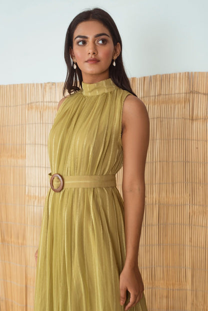 Lime Green Dress by Taro with Best Selling, Cotton, Evening Wear, FB ADS JUNE, Green, Halter Neck Dresses, Handloom Blend, Indo-Western, July Sale, July Sale 2023, Midi Dresses, Natural, Relaxed Fit, Rozana by Taro, Solid Selfmade, Textured, Womenswear at Kamakhyaa for sustainable fashion