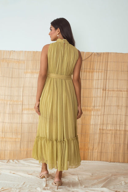 Lime Green Dress by Taro with Best Selling, Cotton, Evening Wear, FB ADS JUNE, Green, Halter Neck Dresses, Handloom Blend, Indo-Western, July Sale, July Sale 2023, Midi Dresses, Natural, Relaxed Fit, Rozana by Taro, Solid Selfmade, Textured, Womenswear at Kamakhyaa for sustainable fashion