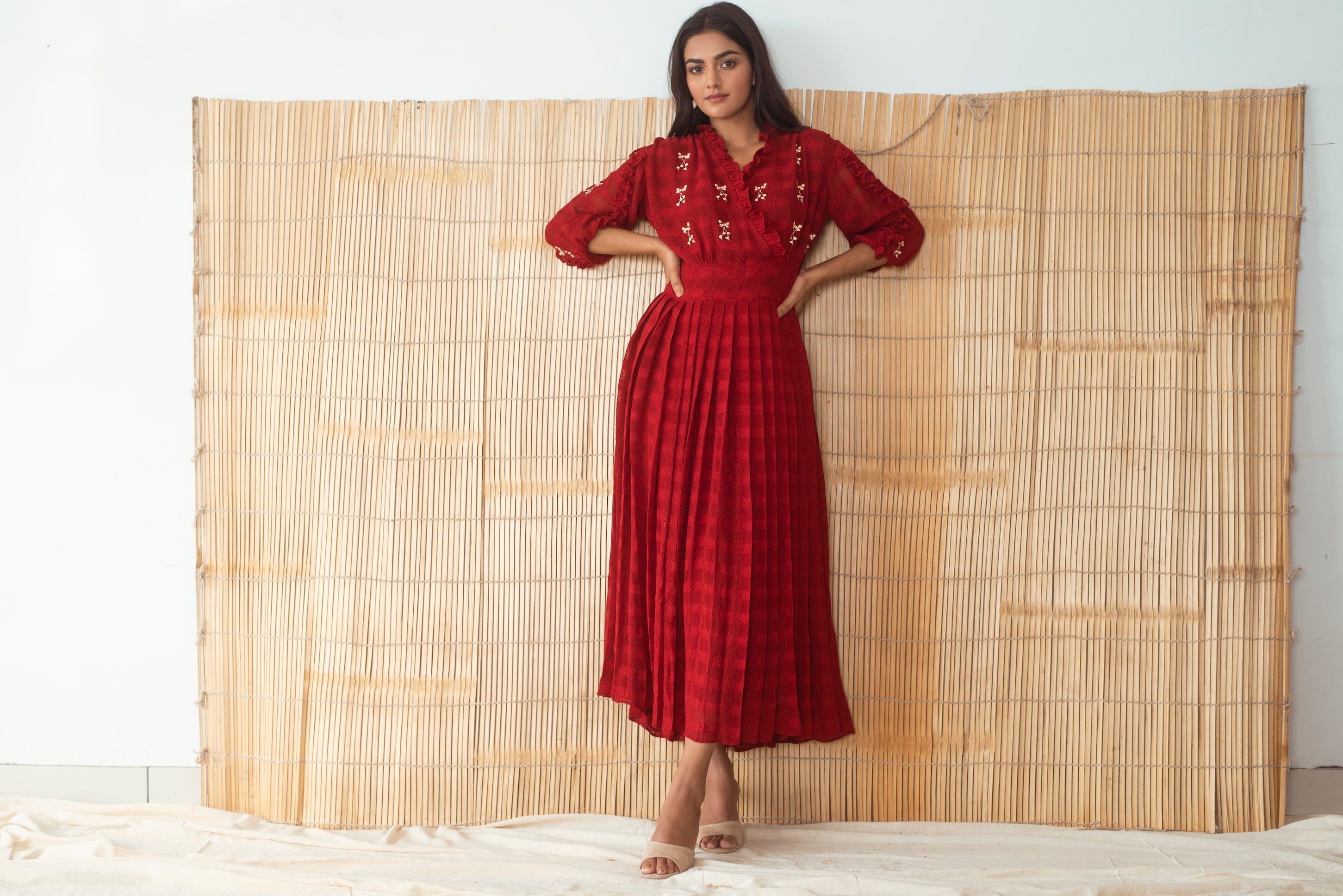 Red Embroidered Maxi Dress by The Loom Art with Capsule by The Loom Art, Embroidered, Handloom Blend, July Sale, July Sale 2023, Maxi Dresses, Natural, Party Wear, Red, Regular Fit, Solid Selfmade, Womenswear at Kamakhyaa for sustainable fashion
