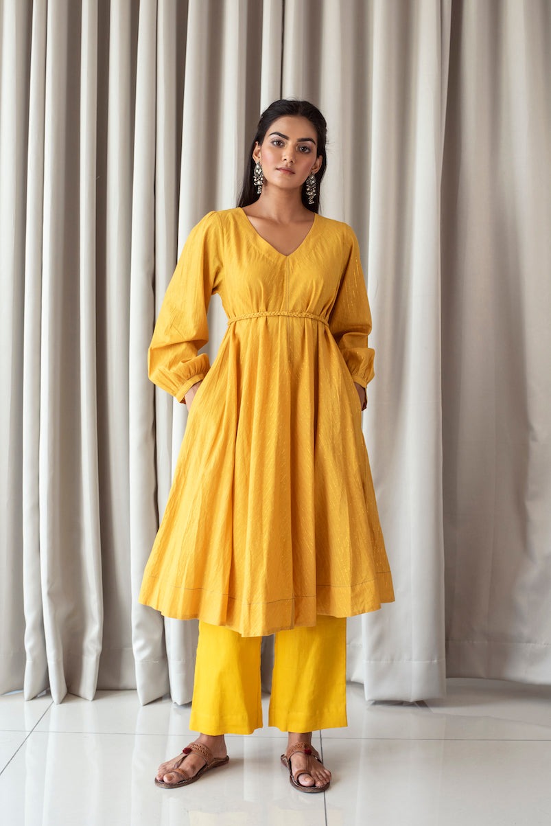 Bright Mustard Kurta Set Bahaar Taro, Evening Wear, Handloom Cotton, Kurta Pant Sets, Natural, Relaxed Fit, Solid, Yellow Kamakhyaa