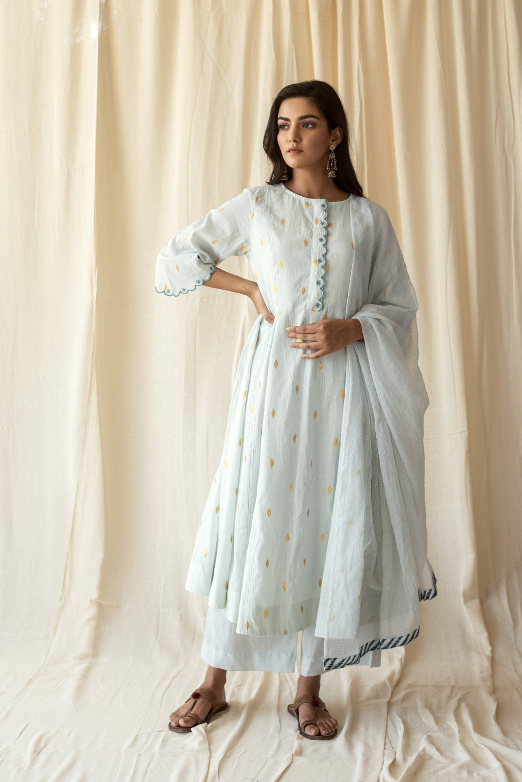 Blue Cotton Kurta Set With Dupatta by Taro with Blue, Evening Wear, Handwoven Cotton, Indian Wear, July Sale, July Sale 2023, Kurta Palazzo Sets, Natural, Regular Fit, Rozana by Taro, Textured, Womenswear at Kamakhyaa for sustainable fashion