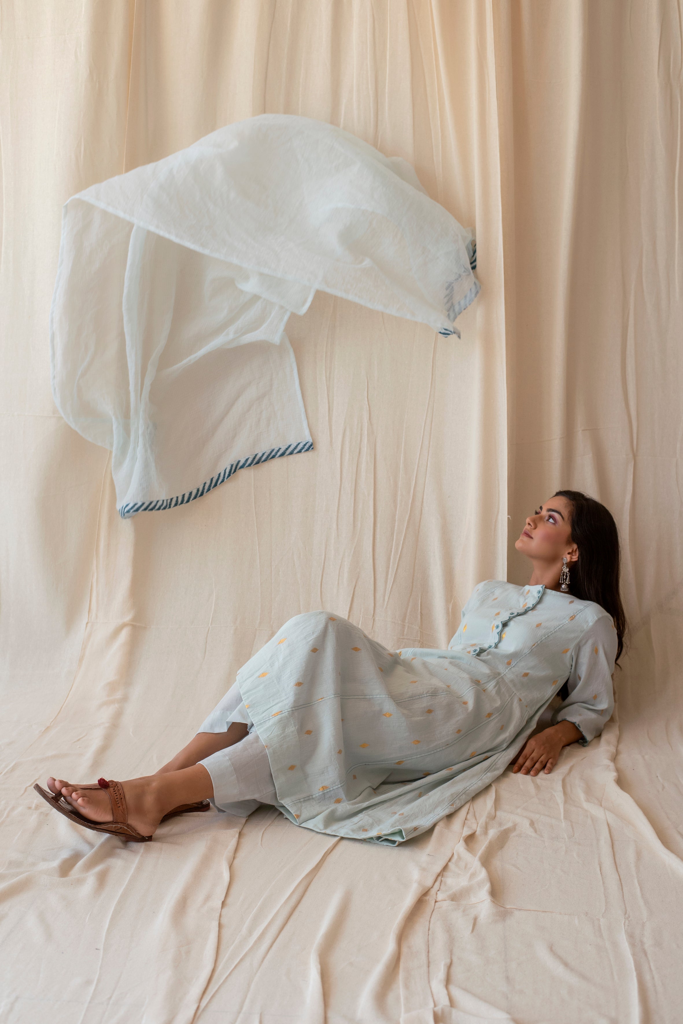 Blue Cotton Kurta Set With Dupatta by Taro with Blue, Evening Wear, Handwoven Cotton, Indian Wear, July Sale, July Sale 2023, Kurta Palazzo Sets, Natural, Regular Fit, Rozana by Taro, Textured, Womenswear at Kamakhyaa for sustainable fashion