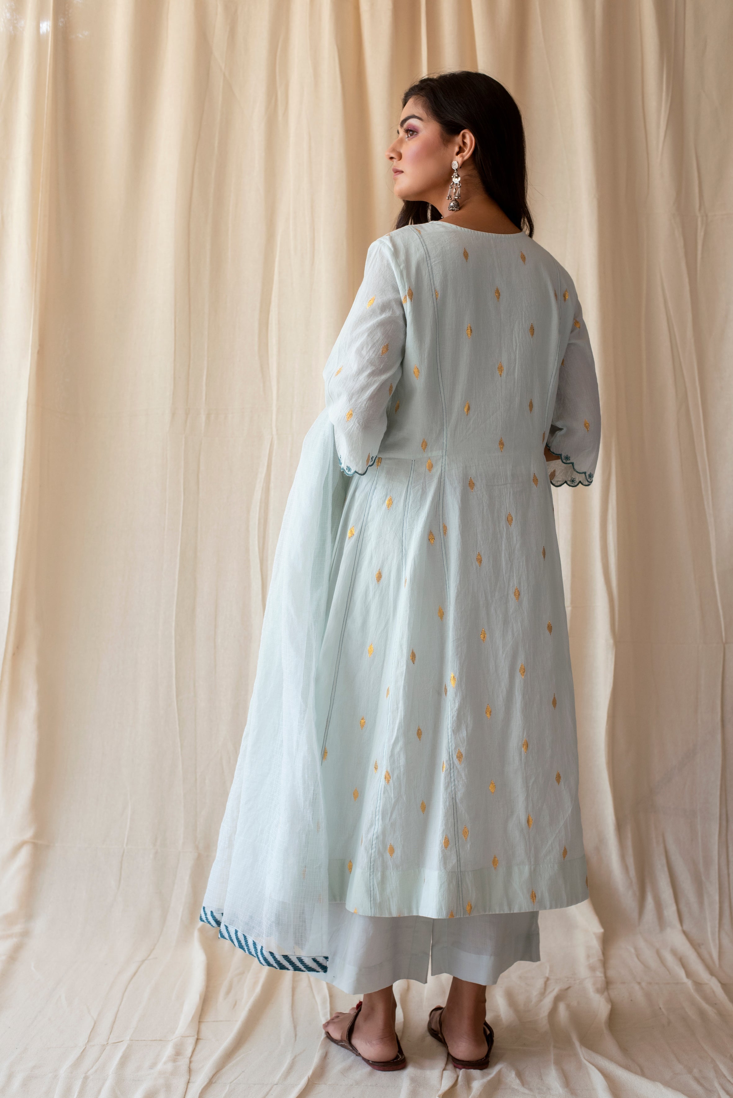 Blue Cotton Kurta Set With Dupatta by Taro with Blue, Evening Wear, Handwoven Cotton, Indian Wear, July Sale, July Sale 2023, Kurta Palazzo Sets, Natural, Regular Fit, Rozana by Taro, Textured, Womenswear at Kamakhyaa for sustainable fashion